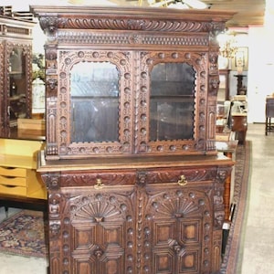 French Antique Oak Renaissance Display Buffet Cabinet | Heavily Carved