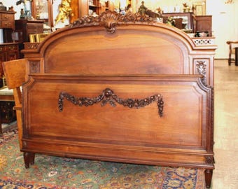 French Antique Louis XVI Walnut Queen Size Bed