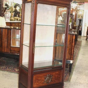 French Antique Mahogany Louis XVI Inlaid Display Cabinet w/ 3 Glass Shelves