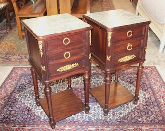 Pair of French Antique Louis XVI Mahogany Nightstands / Bedside Tables
