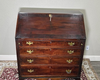 Antique English George II Mahogany Drop Front Desk, Secretary Desk with New Leather Writing Surface