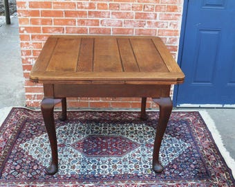 English Antique Queen Anne Table | Oak Draw Leaf Kitchen Dining Table