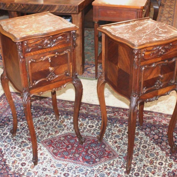 French Antique Louis XV Nightstands – Pair of Carved Walnut Bedside Tables with Marble Tops