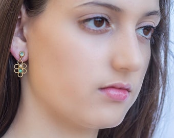 Green Tourmaline Floral Earrings, 18k Gold Plated Silver Earrings, Small, Delicate, Elegant Dangles, Bridesmaid Earrings, Evening Earrings