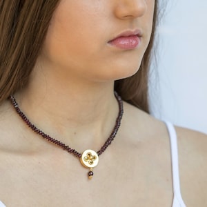 Garnet Beaded Necklace with 18K Gold Plated Pendant, Floral Pendant Necklace, Boho Style Necklace, Gold and Garnet Necklace, Gift For Her