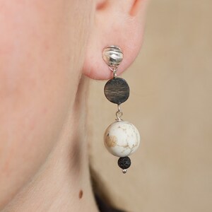 White Turquoise Earrings, Black Lava Earrings, Sterling Silver Earrings, Long Stud Earrings, Textured Earrings, Oxidized Silver Earrings