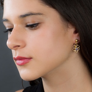 Purple Iolite Floral Earrings, 18k Gold Plated Silver Earrings, Small, Delicate, Elegant Dangles, Bridesmaid Earrings, Birthstone Earrings image 1