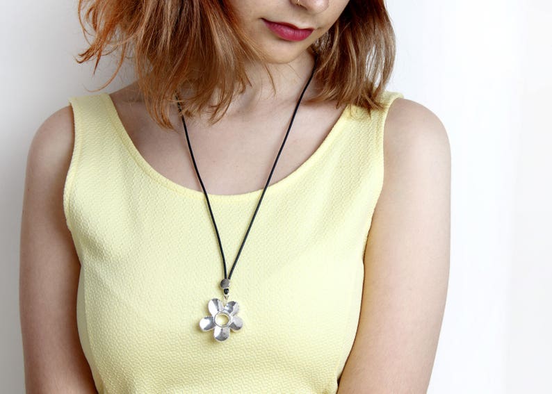 Sterling Silver Flower Pendant Necklace, Leather Cord Necklace, Floral Women Jewelry, Boho Chic Flower Necklace, Romantic Jewelry Gift image 1