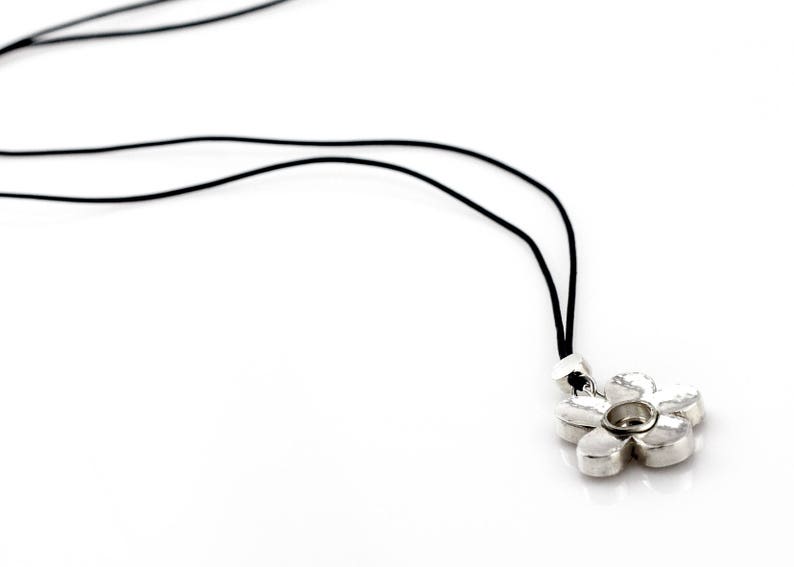 Sterling Silver Flower Pendant Necklace, Leather Cord Necklace, Floral Women Jewelry, Boho Chic Flower Necklace, Romantic Jewelry Gift image 4