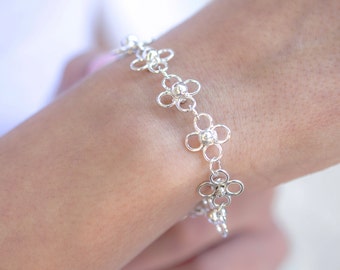 Sterling Silver Flower Bracelet, Silver Bracelet Filigree, Floral Bracelet Silver, Hollow Link Bracelet, Delicate Flower Chain Bracelet