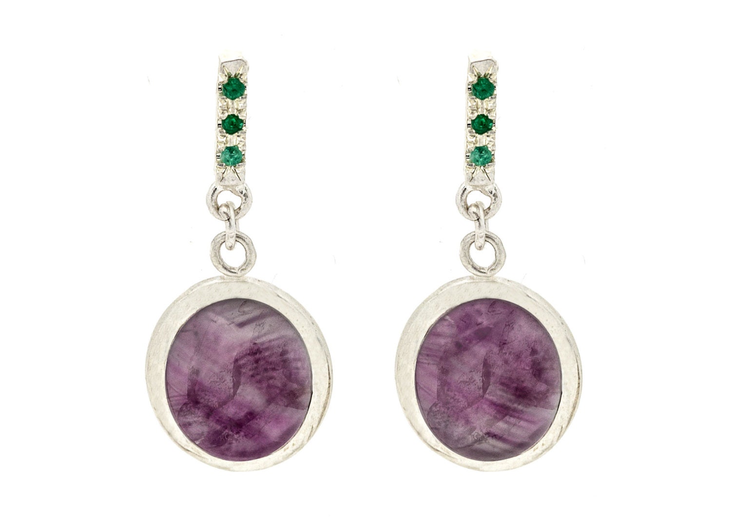 Sterling Silver Stud Earrings Set With Fluorite and Emerald Stones