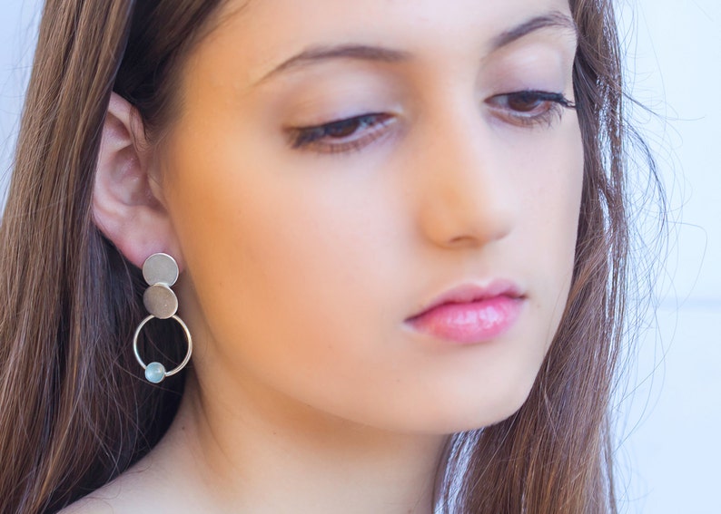 925 sterling silver Aquamarine Earrings, Geometric Stud Earrings, Circle Dangle Earrings, Geometric Hoop Earrings, Birthstone Gift for Her image 1