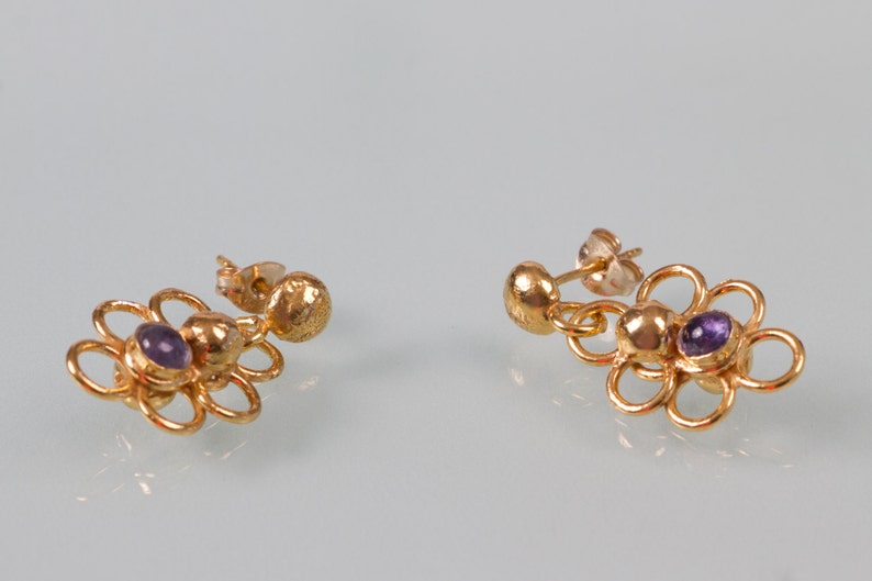 Purple Iolite Floral Earrings, 18k Gold Plated Silver Earrings, Small, Delicate, Elegant Dangles, Bridesmaid Earrings, Birthstone Earrings image 2
