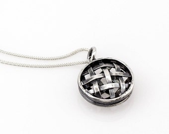 Vintage Style Sterling Silver Round Pendant Necklace, Basket Weave Pattern Design, 925 Sterling Silver Woven Pendant Necklace, Gift for Her