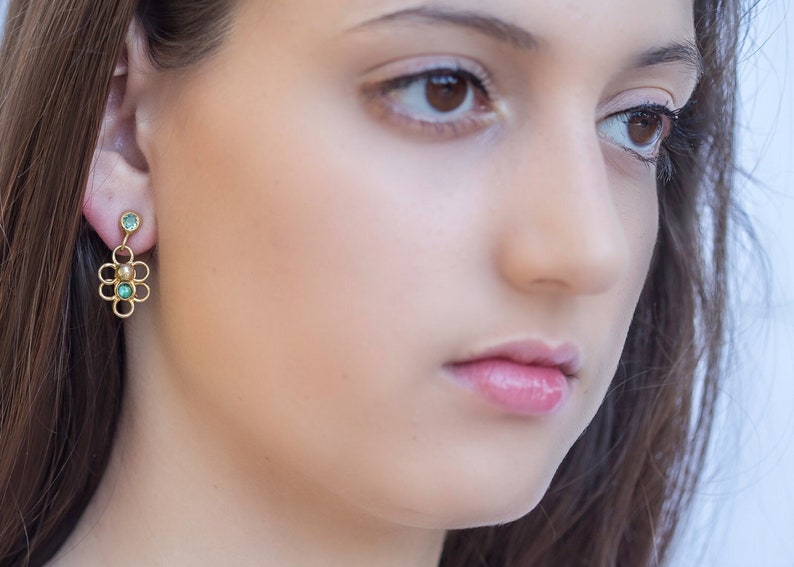 Green Tourmaline Floral Earrings, 18k Gold Plated Silver Earrings, Small, Delicate, Elegant Dangles, Bridesmaid Earrings, Evening Earrings image 1