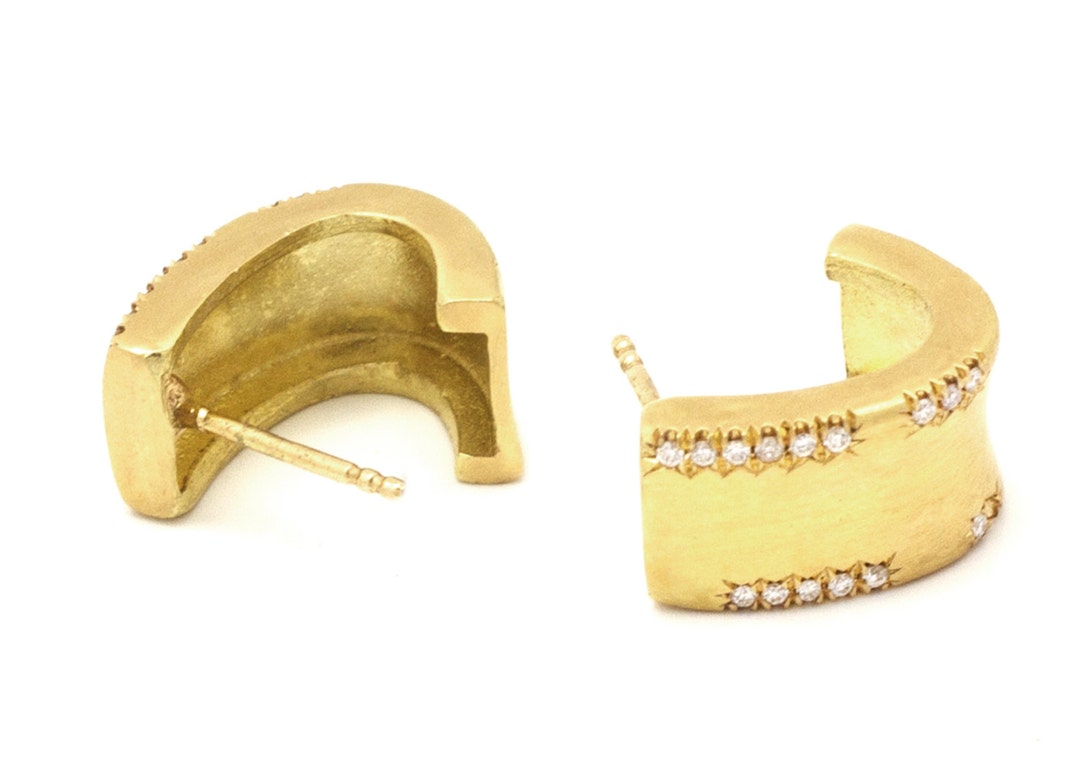 18K Solid Gold Hoop Earrings, 15 Diamonds Earrings, Wide Huggie