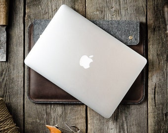 Leather MacBook Pro 13 case, MacBook Pro 13 inch sleeve M3 M2 wool felt Italian Crazy Horse Leather laptop bag MacBook Air 13 / Pro 16 cover