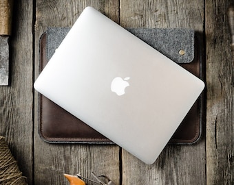 Leather MacBook Pro 14 case MacBook Pro 13 inch sleeve M5 M4 wool felt Italian Crazy Horse Leather laptop bag MacBook Air 13 / Pro 16 cover