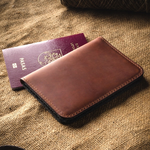 Portefeuille passeport, étui, support, couverture - cuir italien tanné végétal, feutre, porte-cartes de voyage, carte, carte d'identité, documents, support personnalisé
