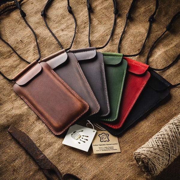 Necklace leather iPhone case personalized slim crossbody sleeve holder gift for him phone strap Crazy Horse iPhone 17 Pro Max Air 16 Plus 15