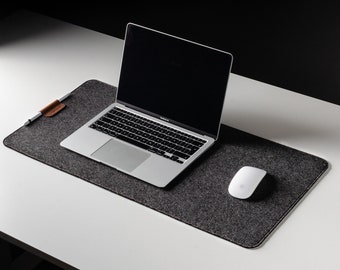 100% Wool Felt Desk Mat and laptop pad, wool felt mouse pad, Crazy Horse Craft Style Italian leather, grey wool felt, large table desk pad