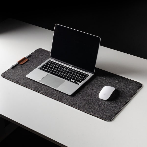 100% Wool Felt Desk Mat and laptop pad, wool felt mouse pad, Crazy Horse Craft Style Italian leather, grey wool felt, large table desk pad