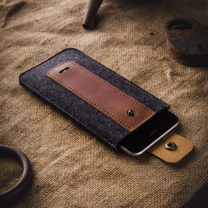 Funda / estuche para iPhone 16 / 15, 100 % fieltro de lana, piel auténtica italiana Crazy Horse Funda para iPhone 16+ / 15 Pro Max iPhone 16e 16 Pro 15 Pro