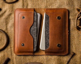 Funda tipo cartera para iPhone 17 Pro Max (dos teléfonos), funda para dos iPhones, piel Crazy Horse marrón, fieltro de lana, funda para iPhone 17 Air 16e 16 Pro 15 Plus