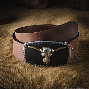 Longhorn buckle leather Belt, cowboy belt, Italian Vegetable Tanned Crazy Horse Leather, cowboy belt buckle for men, genuine, western style