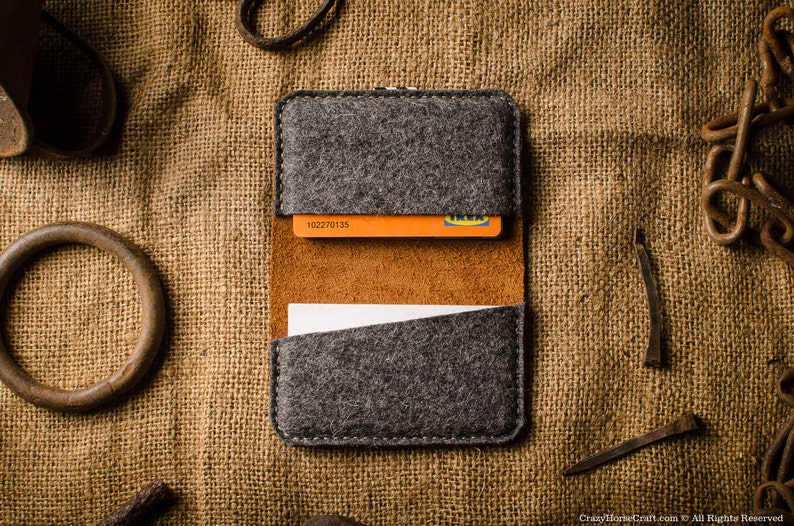 Leather business card holder, credit bank card holder, wallet, orange crazy horse leather, wool felt, for men and woman image 3