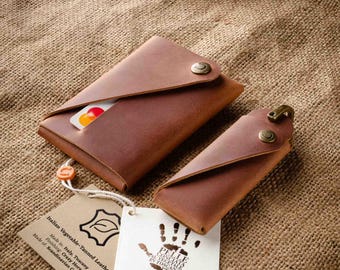 Set regalo con portafoglio e portachiavi, porta carte sottile in pelle marrone, portachiavi minimalista, regalo personalizzato per mamma, papà, fratello, sorella, lui e lei