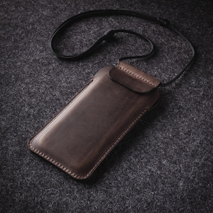 Necklace leather iPhone case personalized slim crossbody sleeve holder gift for him phone strap Crazy Horse iPhone 17 Pro Max Air 16 Plus 15 Stone Grey
