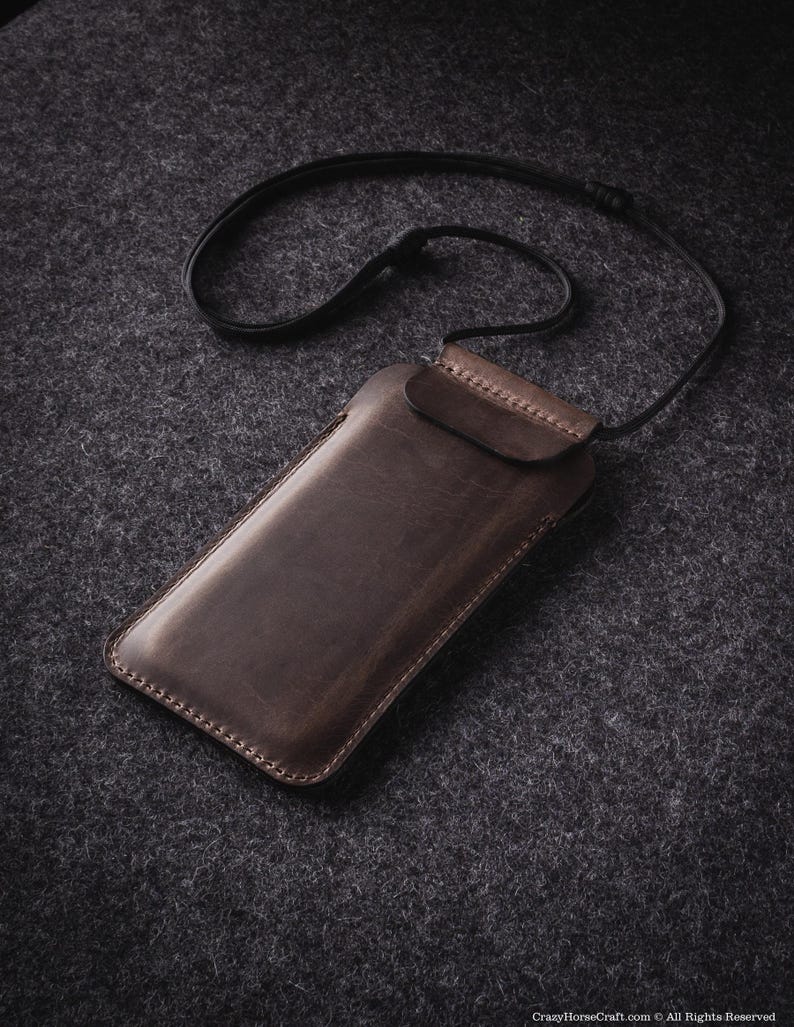 Necklace leather iPhone case personalized slim crossbody sleeve holder gift for him phone strap Crazy Horse iPhone 17 Pro Max Air 16 Plus 15 Stone Grey