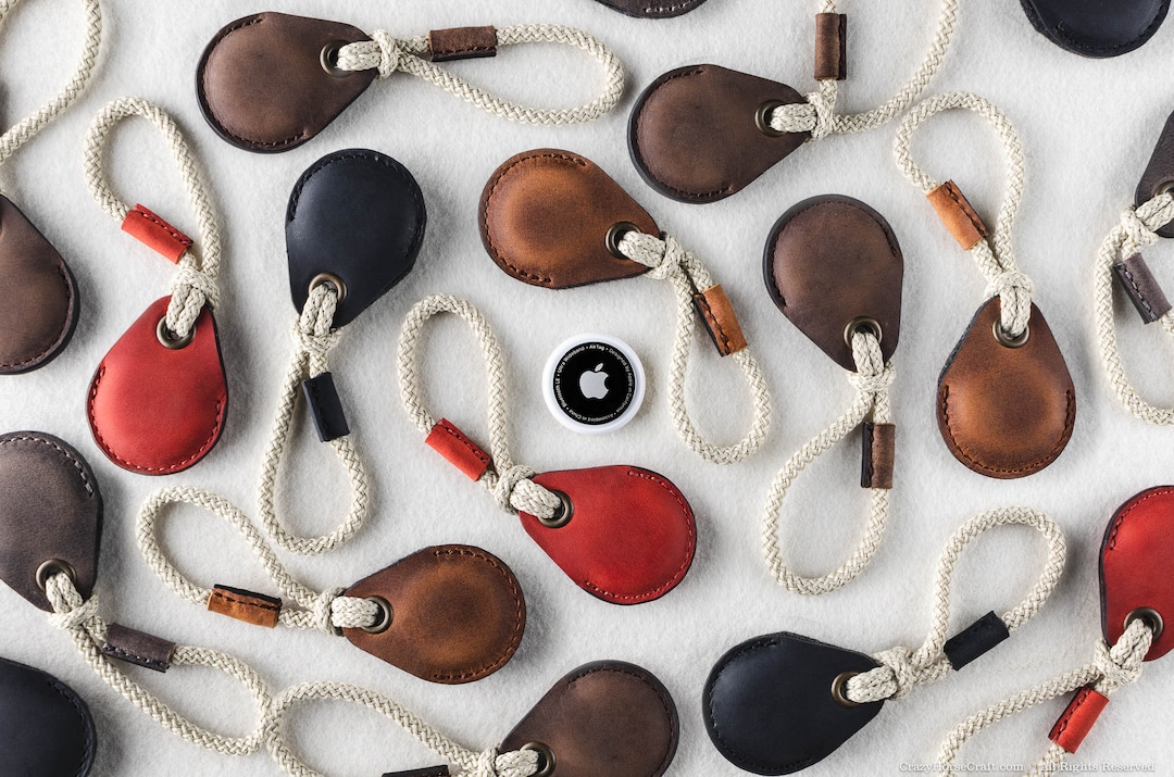 Leather AirTag holder case Keyfob Key Ring, Red, Black, Brown Vegetable Tanned Crazy Horse Leather Loop Handmade bag charm Air Tag Key Cover