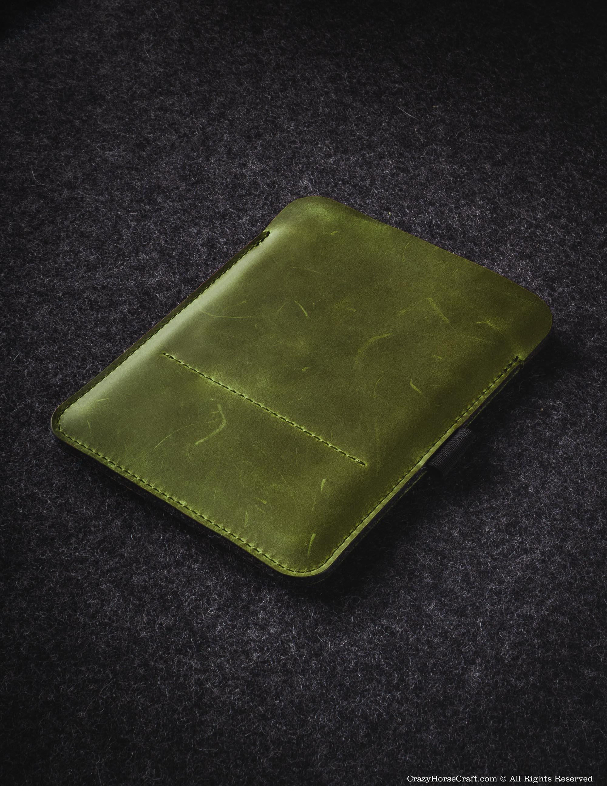 Kindle Case with Pocket, Green Italian Leather, Kindle Paperwhite 7-in Sleeve eBook Cover Kindle 11 Pencil Holder, E-Reader Tablet Protector