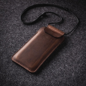 Necklace leather iPhone case personalized slim crossbody sleeve holder gift for him phone strap Crazy Horse iPhone 17 Pro Max Air 16 Plus 15 Wood Brown