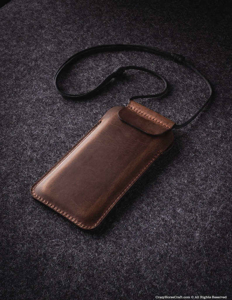 Necklace leather iPhone case personalized slim crossbody sleeve holder gift for him phone strap Crazy Horse iPhone 17 Pro Max Air 16 Plus 15 Wood Brown
