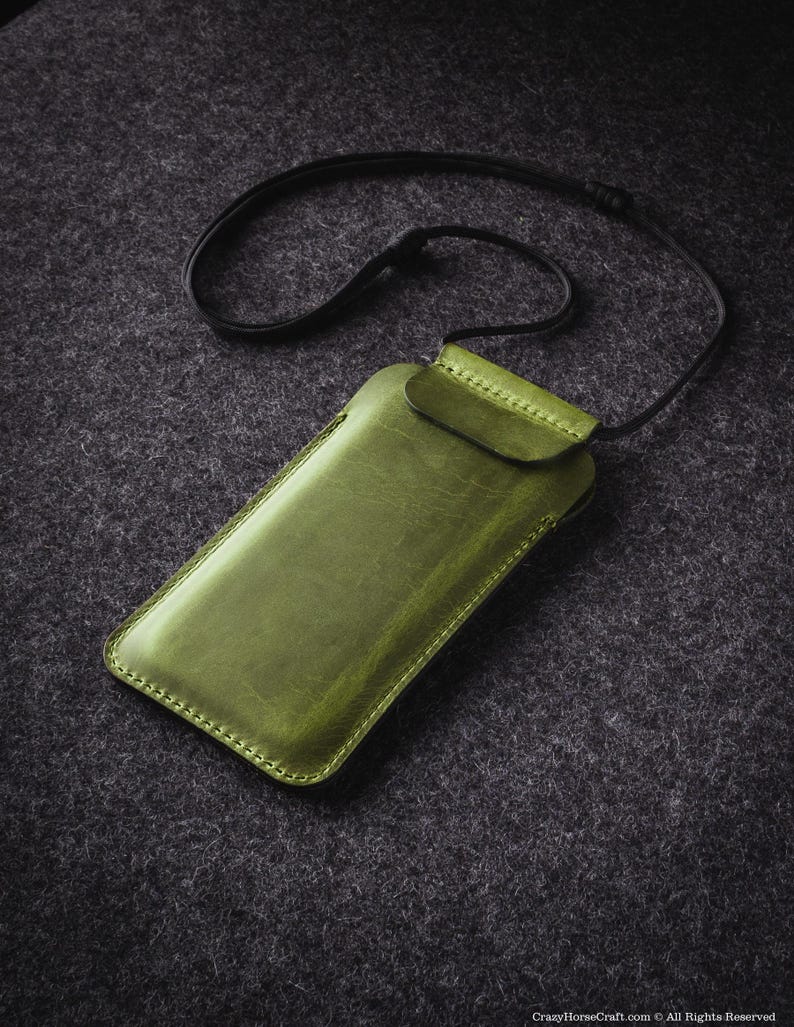 Necklace leather iPhone case personalized slim crossbody sleeve holder gift for him phone strap Crazy Horse iPhone 17 Pro Max Air 16 Plus 15 Alpine Green