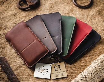 Leren iPhone-hoesje hoes portemonnee gepersonaliseerde slanke kaarthouder cadeau voor hem haar Crazy Horse iPhone 16 Pro Max Plus iPhone 16e iPhone 15 14