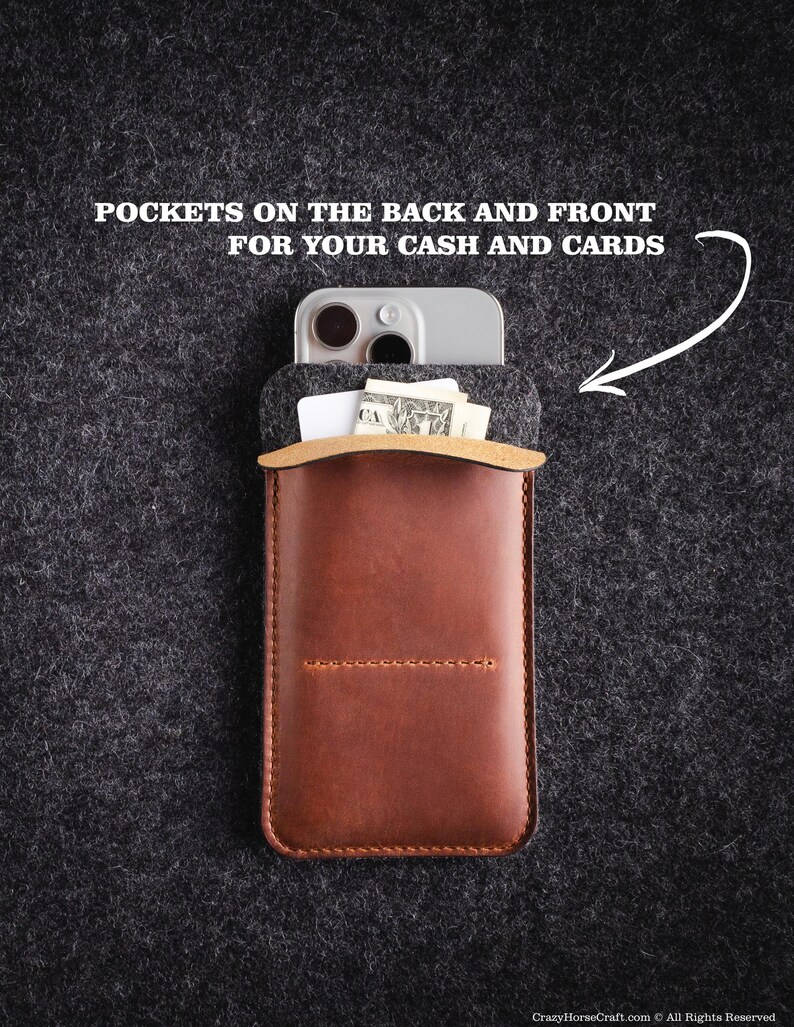 May include: A brown leather phone case with a gray felt lining. The case has a pocket on the back and front for cash and cards. "POCKETS ON THE BACK AND FRONT FOR YOUR CASH AND CARDS" is written in white text on a black background.