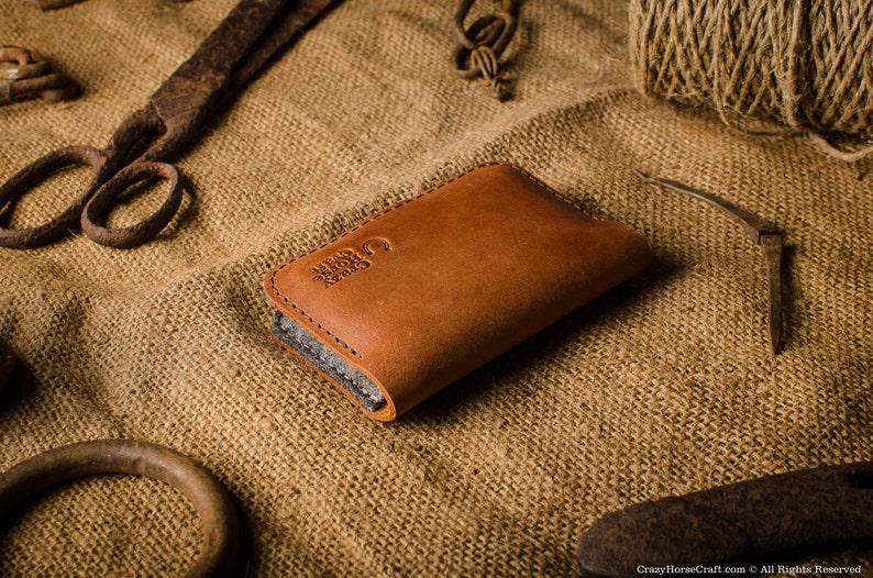 Leather business card holder, credit bank card holder, wallet, orange crazy horse leather, wool felt, for men and woman image 4