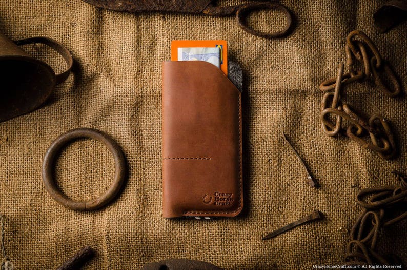 Brown Leather iPhone 15 Pro Max case, 14 Pro Max sleeve, wallet, cardholder Crazy Horse leather wool felt iPhone 15 Plus / 14 / 13 Pro cover image 2