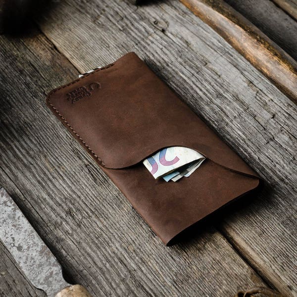 Leather iPhone Xr case/sleeve, wallet with card pocket, unique vintage Crazy Horse brown leather cardholder. 2019 iPhone 11/Xs/Xs Max cover