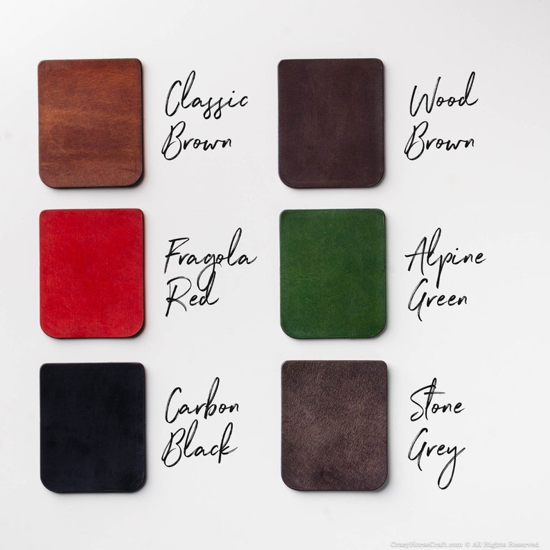 May include: Leather swatches in six different colors: Classic Brown, Wood Brown, Fragola Red, Alpine Green, Carbon Black, and Stone Grey.