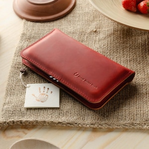 Rood iPhone 16 15 hoesje/portemonnee voor twee telefoons 2 telefoons hoes leer iPhone 16+ 15 Pro kaarthouder vintage stijl iPhone SE 16e 15 hoes