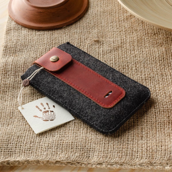 iPhone 14 sleeve / case Wool felt genuine Italian Red Crazy Horse leather iPhone 14 Pro Max cover 14 mini iPhone 13 Pro Xr Xs Max sleeve