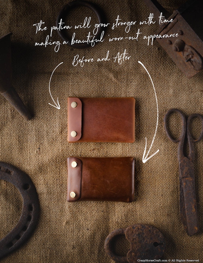 May include: Two brown leather wallets, one with a lighter brown patina, on a burlap background. The text "The patina will grow stronger with time making a beautiful worn-out appearance Before and After" is written above the wallets.