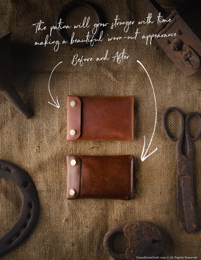 May include: Two brown leather wallets, one with a lighter brown patina, on a burlap background. The text "The patina will grow stronger with time making a beautiful worn-out appearance Before and After" is written above the wallets.