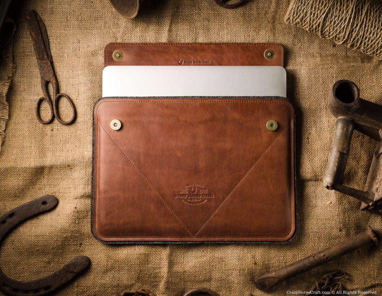 Funda Macbook 12" con funda de cuero de lana fieltro marrón estilo vintage - Imagen 5 de 43