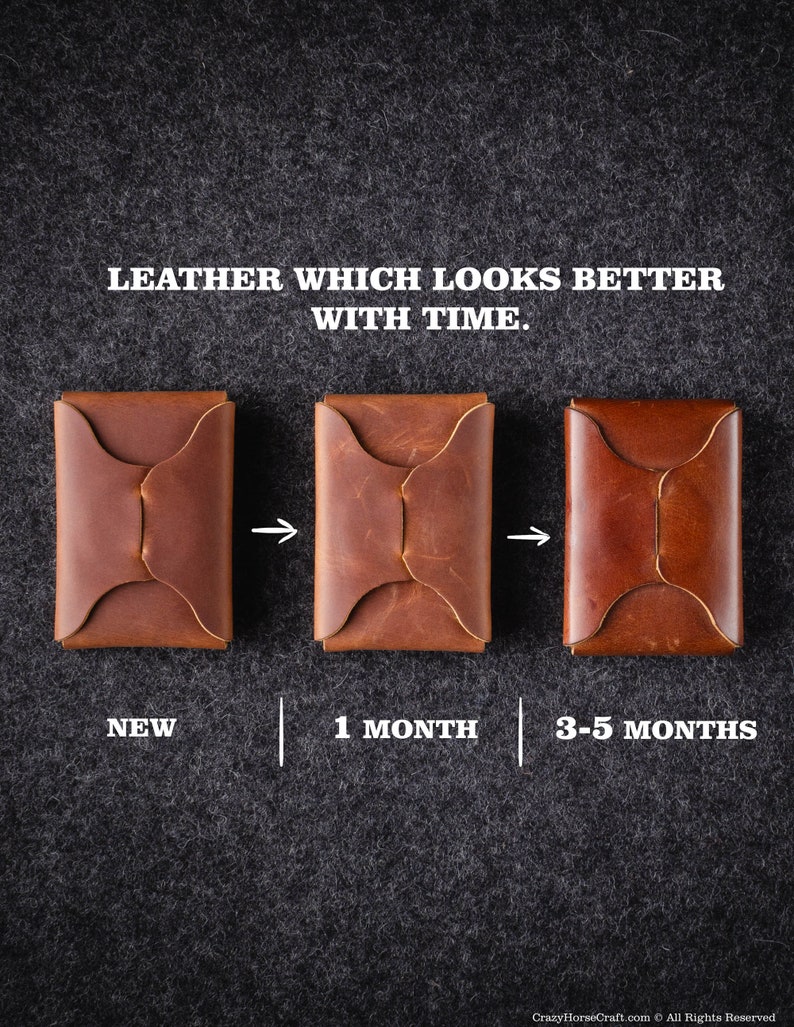 May include: Three brown leather wallets, showing the progression of the leather's patina over time. The first wallet is new, the second wallet is one month old, and the third wallet is 3-5 months old. "Leather which looks better with time."